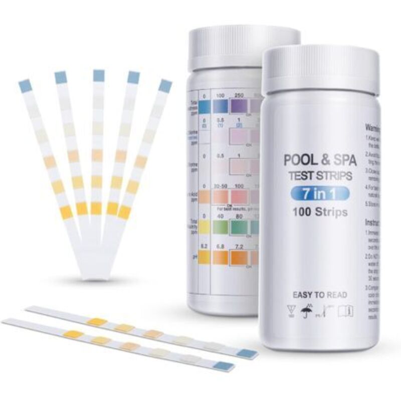 Set Von 100 Pool-teststreifen, 7-in-1 Teststreifen Für Pool, Spa Und Whirlpool, Wasserqualitätsanalyse – Gesamthärte, Brom, Freies Chlor, Ph-wert, Cyanursäure Und Alkalinität