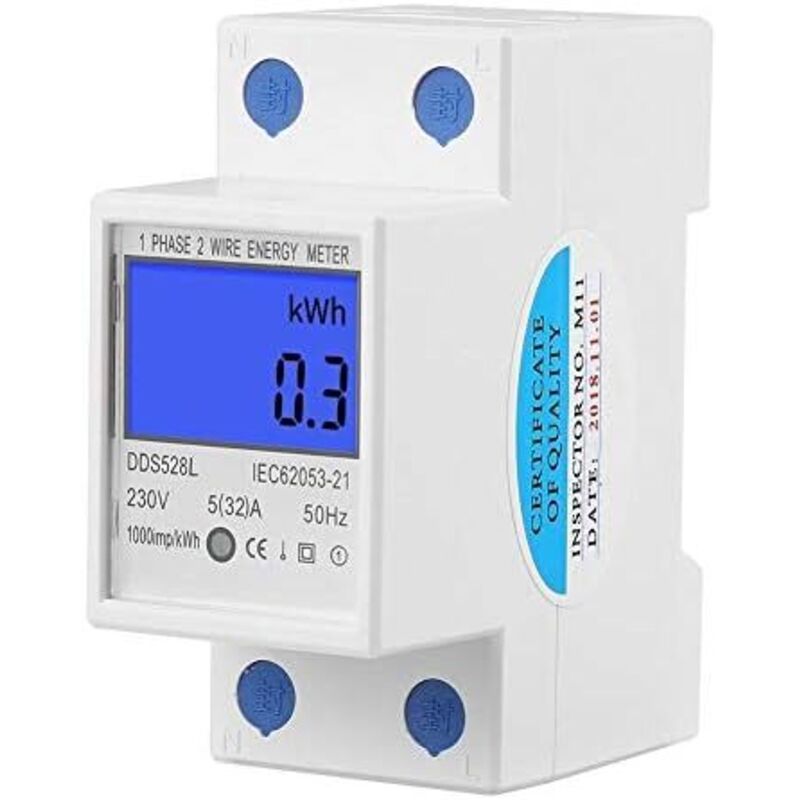 Energiezähler Für Din-schiene 5-32a, Einphasiger Wattmeter Mit Lcd-hintergrundbeleuchtung, Elektronischer Kwh-zähler (230v 50hz), 1 Stk.