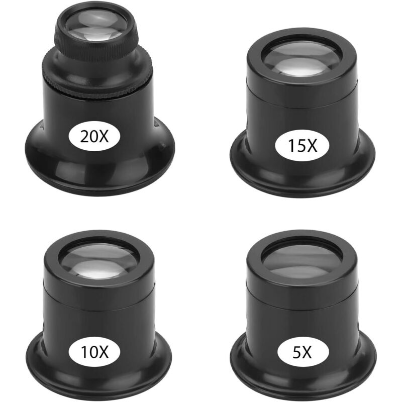 Set Aus 4 Tragbaren Juwelierlupen, Uhrmacherlupen Mit Unterschiedlichen Vergrößerungen, 5x, 10x, 15x, 20x, Am Auge Getragene Lupen Für Juweliere, Uhren- Und Uhrreparatur, Reparatur-lupen-set