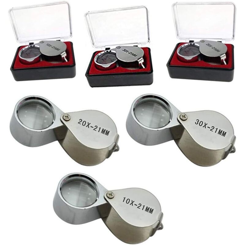3 Stück 10x / 20x / 30x Juwelierlupe Aus Glas, Diamantlupe, Runder Metallkörper, Augenlupe, 21 Mm Durchmesser, Silberfarben