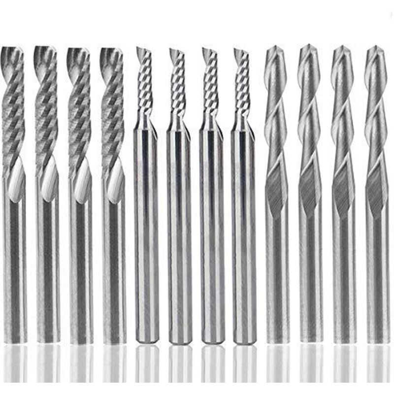 Fraise 12 Stück, 4 Stück 1/8" Cnc-fräser Mit Zwei Schneiden + 8 Stück Fräser Mit Einer Schneide (2 Typen) Für Nylon, Harz, Abs, Acryl, Pvc, Mdf, Holz