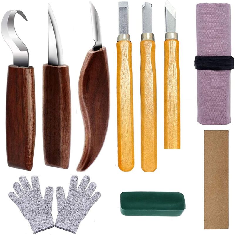 10-teiliges Holzschnitzwerkzeug-set Mit Walnussholzgriff, Schnitzmessern, Schnittfesten Handschuhen Und Wetzsteinen