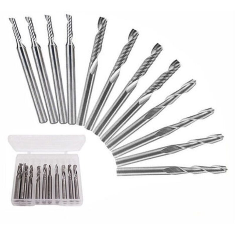 Satz Aus 12 Hartmetall-fräsern, Bestehend Aus 4 Zweischneidigen Fräsern Mit 3,2 Mm (1/8 Zoll) Und 8 Einschneidigen Einstart-fräsern (2 Typen), Für Nylon, Harz, Abs, Acryl Und Pvc