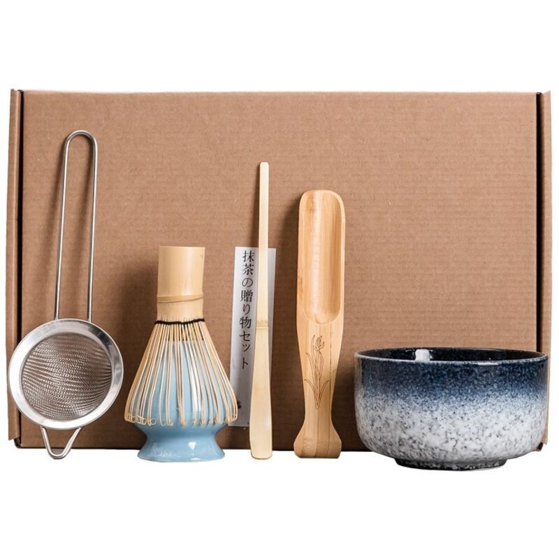 Ensemble Matcha-kiln Blau, Japanisches Zeremonie-set, Handgefertigte Blaue Schalen, Bambusbesen Enthalten