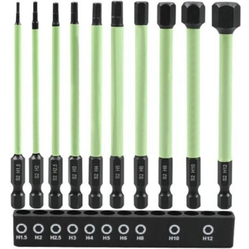 Satz Mit 10 Langen Hex-bits, 100 Mm, 1/4", S2-stahl, Ideal Für Kabellose Schrauber, H1,5 Bis H12, Langlebige Und Präzise Bits