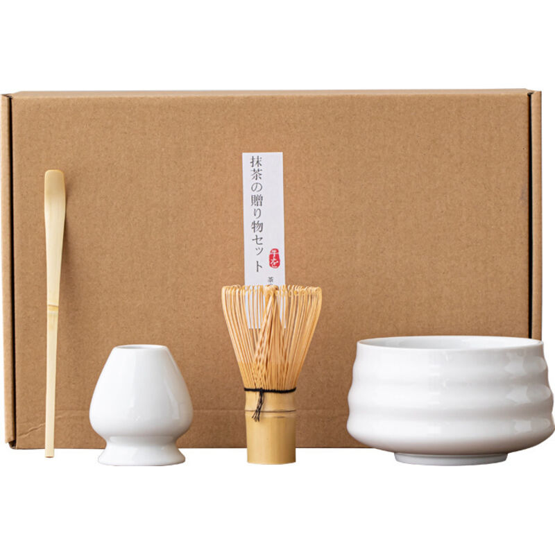 Matcha-set Mit Bambusbesen Und Löffel, Japanisches Tee-infusionsset, Weißes Geschenkset Mit 4 Teilen