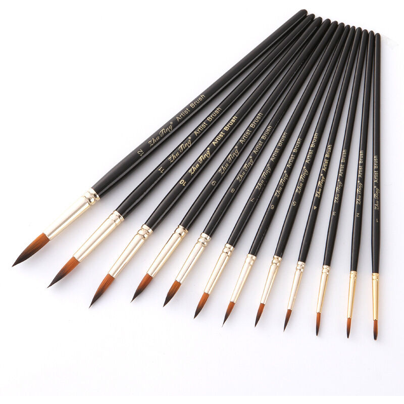 12-teiliges Set Aus Nylon-pinseln Für Professionelle Acrylmalerei, Künstler-pinselset Für Aquarell, Gouache Und Ölmalerei, Runde Pinsel, Feine Spitze, Flachpinsel, Ovaler Pinsel, Waschpinsel (schwarz)