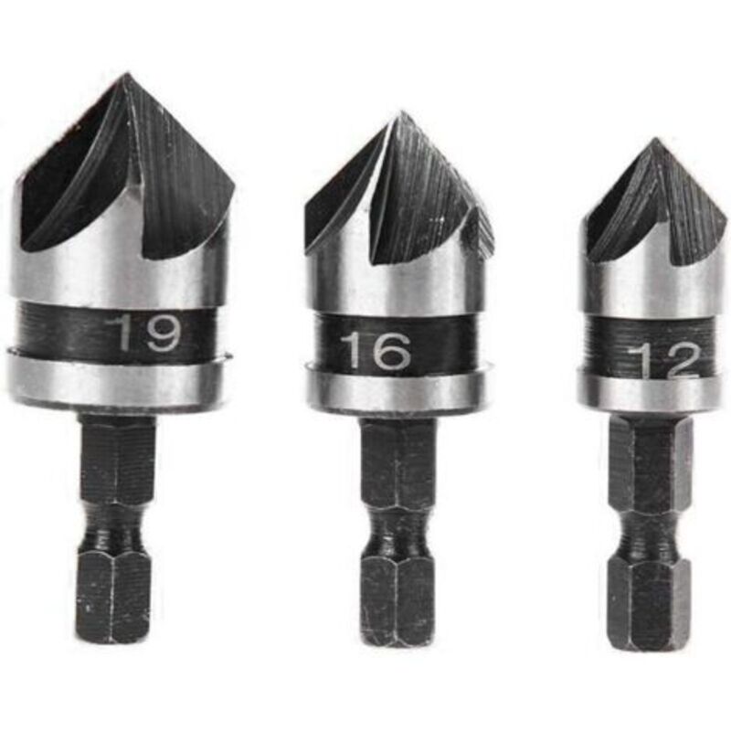 3 Stück 90-grad-5-schneiden-absenkfräser-set Für Holz Und Metall, Schnellwechsel 1/4" Hex Schaftfräser Aus Kohlenstoffstahl, Holzbearbeitungs-werkzeug Zum Absenken, 12/16/19 Mm