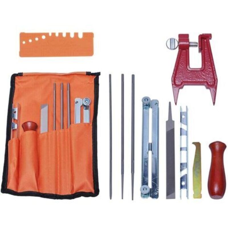 Universelles Kettenschärfset Für Kettensägen, Feilenset Zum Schärfen Von Sägeketten Mit Feilen, Holzgriffen, Tiefenlehre, Schleifführung, Werkzeugtasche Und Spannstockschrauben