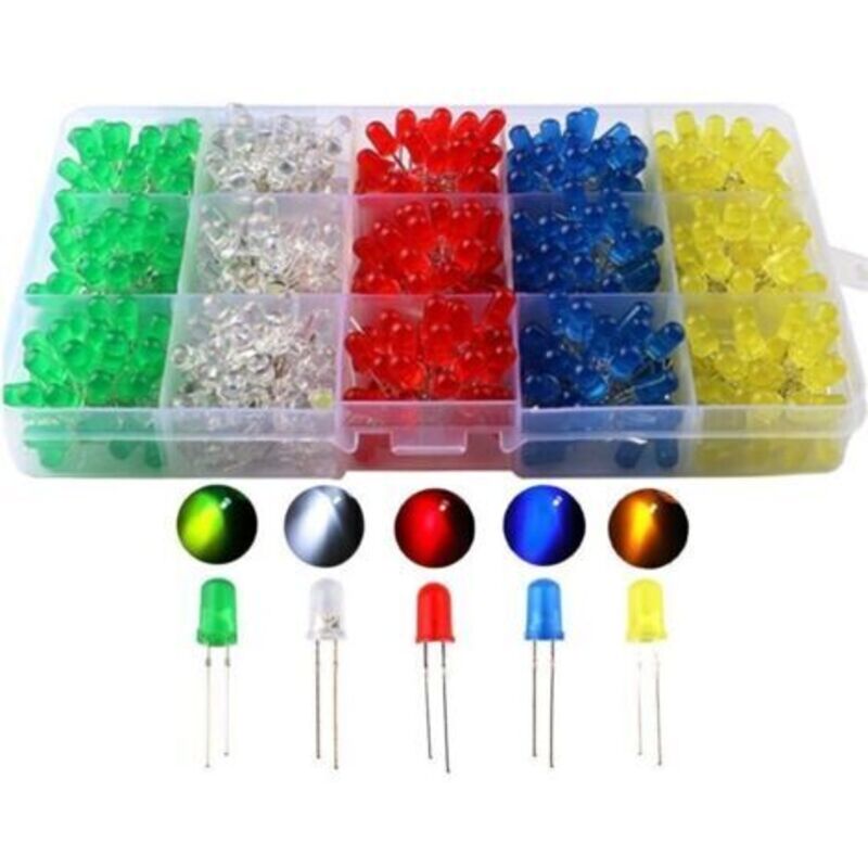 500 Stück X 5mm Leuchtdioden, Diffus, 2-polig, Rund, Farbe Weiß/rot/gelb/grün/blau, Sortiment Im Box-kit (5 Farben X 100 Stück). Debuns