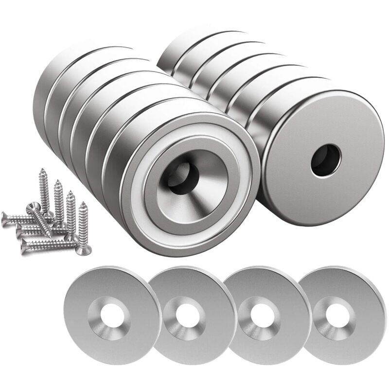 12 Stück Neodym-magnete 10 Kg Haltekraft 20 X 7 Mm Mit Bohrung Und Topf, Versenkte Topfmagnete Mit Schrauben Und 12 Stahlunterlegscheiben (glänzend Silber)