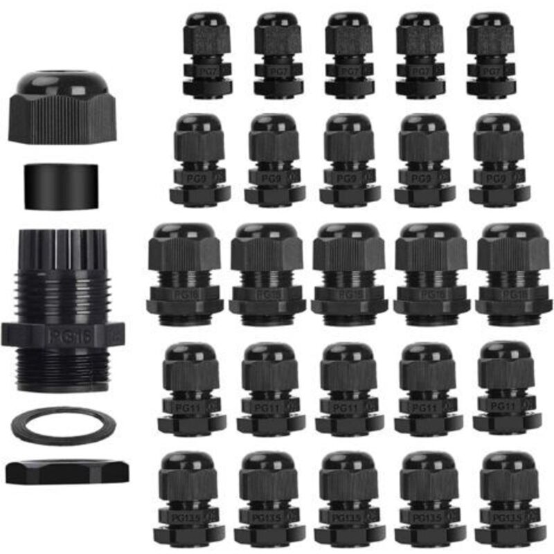 25 Stück Kabelverschraubungen, Bolatus Wasserdicht Pg7, Pg9, Pg11, Pg13.5, Pg16 Gegenmutter Kabelverschraubung Einstellbar 3-15mm Kunststoff Kabelsteckverbinder Wasserdicht