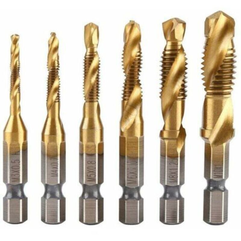 Satz Aus 6 Gewindebohrern, Spiral-gewindebohrer, Metrisches Gewinde M3-m10 Mit Titanbeschichtung Aus Hss Und 1/4"-sechskantschaft Mit Nuten Für Das Schneiden Verschiedener Gewinde.