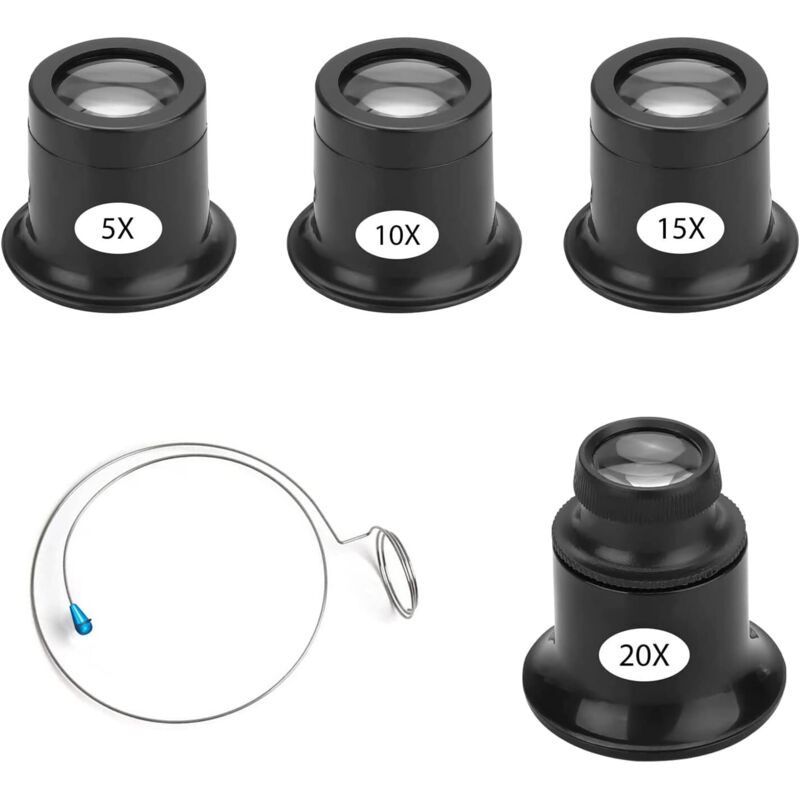 Satz Aus 4 Juwelierlupen, Uhrmacherlupe 5x 10x 15x 20x, Tragbare Juwelierlupen Mit Drahtständer, Uhrenreparatur-kit, Lupen Für Schmuck Und Diamanten, Uhrenlupe - Schwarz