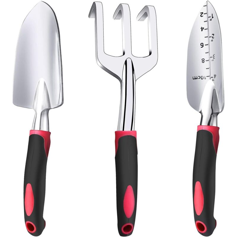 Dieses Dreiteilige Gartenwerkzeug-set Besteht Aus Robustem Aluminium Und Umfasst Eine Kleine Schaufel, Eine Kleine Grabegabel Sowie Einen Handrechen Mit Einem Weichen, Rutschfesten Gummigriff.