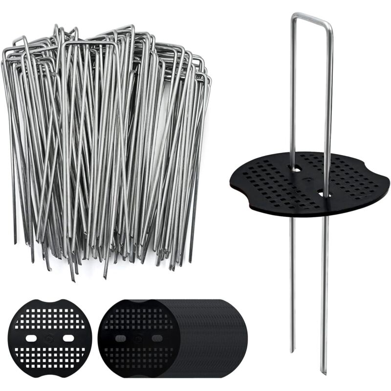 100 Gartenanker (15 Cm) Und 100 Unterlegscheiben, Verzinkte Stahl-gartenpfähle, Robuste U-förmige Nägel Für Mulchfolie, Gärten Und Zelte.
