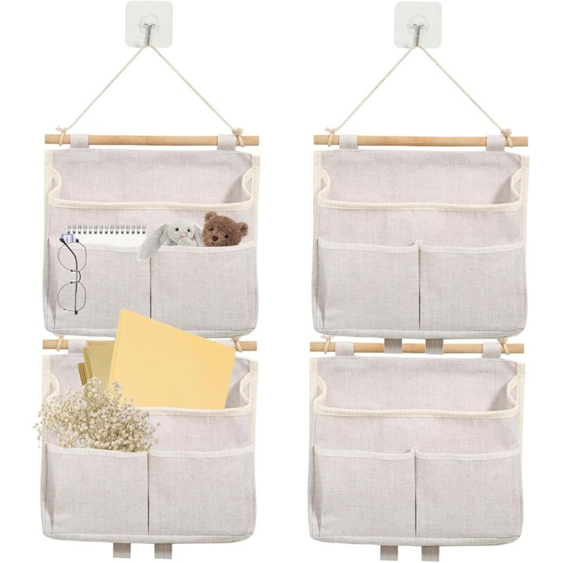 Set Aus 4 Hängenden Organisatoren – Hängender Aufbewahrungssack – Aus Leinenstoff – Mit 4 Haken – Faltbare Wandaufbewahrung (creme)