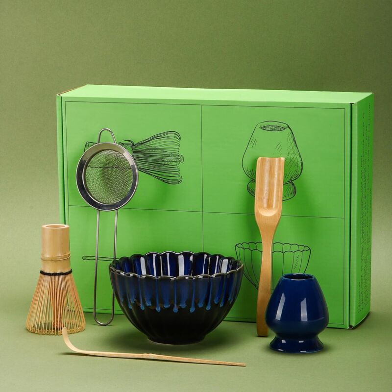Japanisches Matcha-set – Blaue Schale + Keramikutensilien
