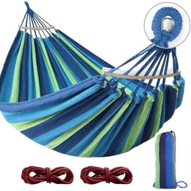 Hängematte Für 2 Personen - 200 X 150 Cm - Traglast: 250 Kg - Aus Baumwollstoff - Für Terrasse, Veranda, Garten, Hof, Außen- Und Innenbereich - Blau/grün