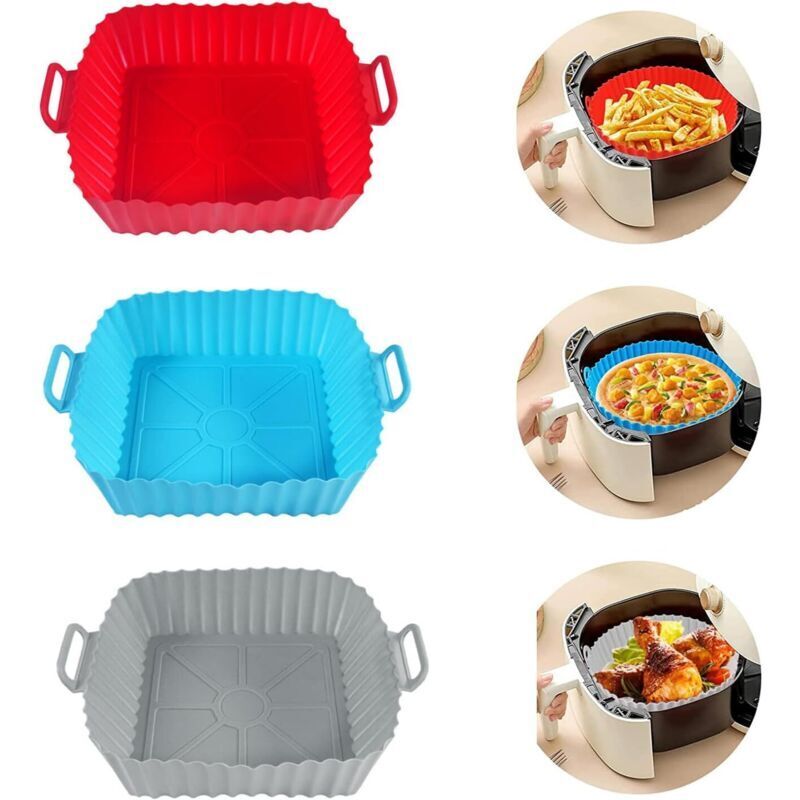 3er-pack Silikonformen Für Die Heißluftfritteuse, Wiederverwendbare 8-zoll-formen Für Air Fryer, Rot + Blau + Grau
