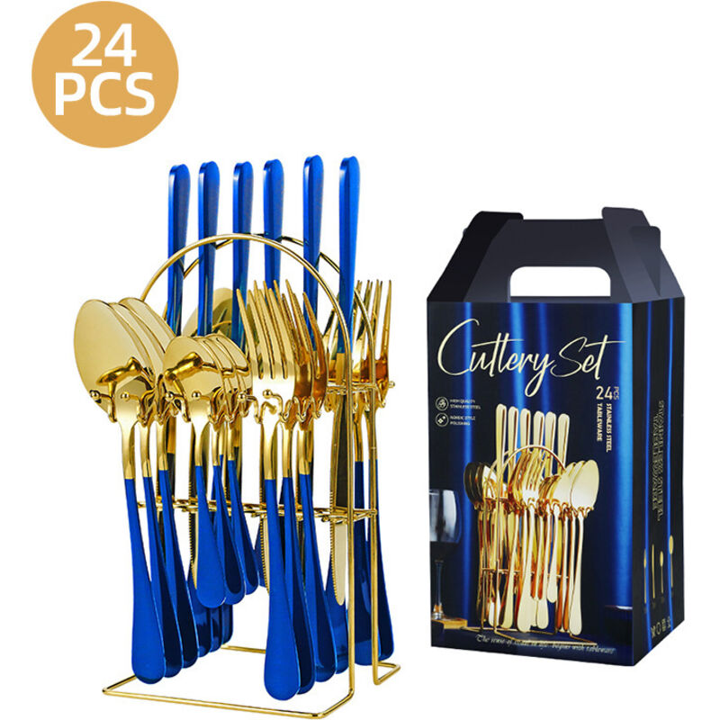 24-teiliges Edelstahl-besteckset Mit Halter, Spiegelnde Oberfläche, Für 6 Personen, Spülmaschinengeeignet, Blau Und Gold