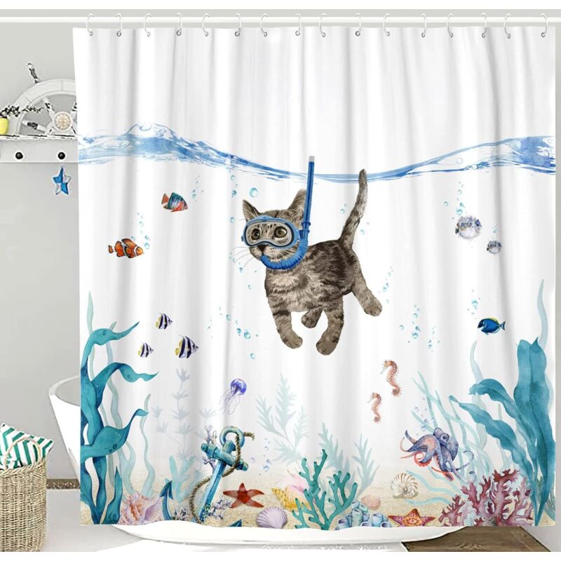 Dusche Mit Lustigem Kätzchen, Blau-türkis, Meer, Ozean, Wasserdichter Duschvorhang Aus Stoff Für Badezimmer Mit Tiermotiven: Oktopus, Seestern, Schildkröte, Anker, Fisch, Nautisch (kätzchen)