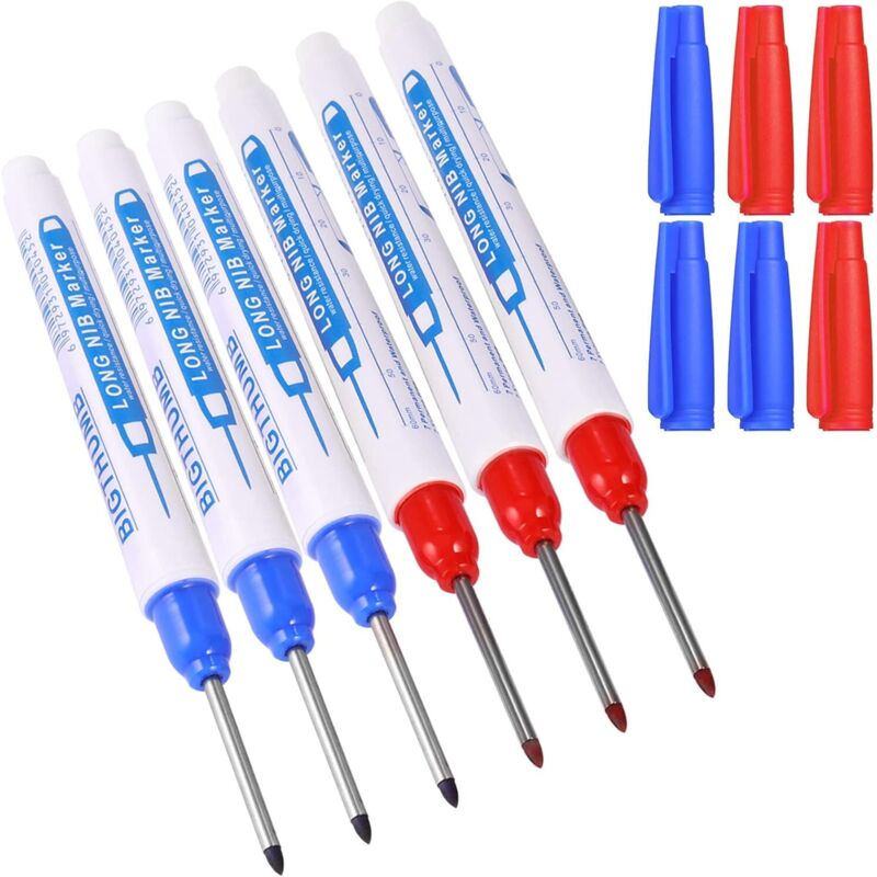 6 Stück Tiefenmarkierer, Markierer Für Schreiner, Permanenter Marker Mit Feiner 30-mm-spitze, Permanenter Stift Zum Markieren An Schwer Zugänglichen Stellen (blau Rot)