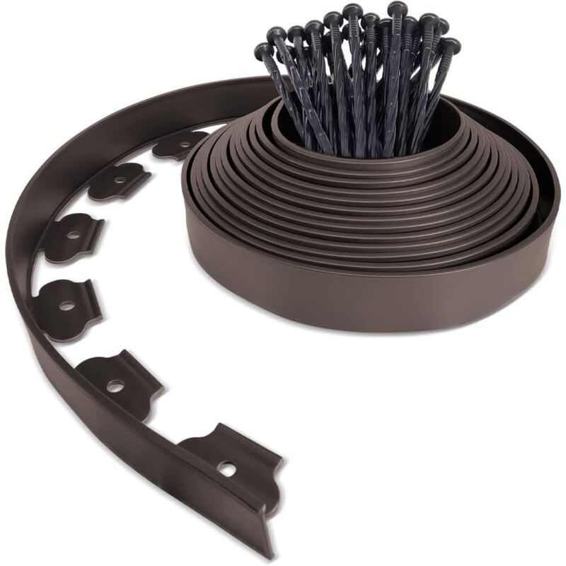 Gartenrand Aus Kunststoff, 10 Meter Mit 30 Erdnägeln, Flexibler Rasenrand Mit Robusten Pfählen, Gartenidee, Höhe 50 Mm, Stärke 4 Mm, Braun.