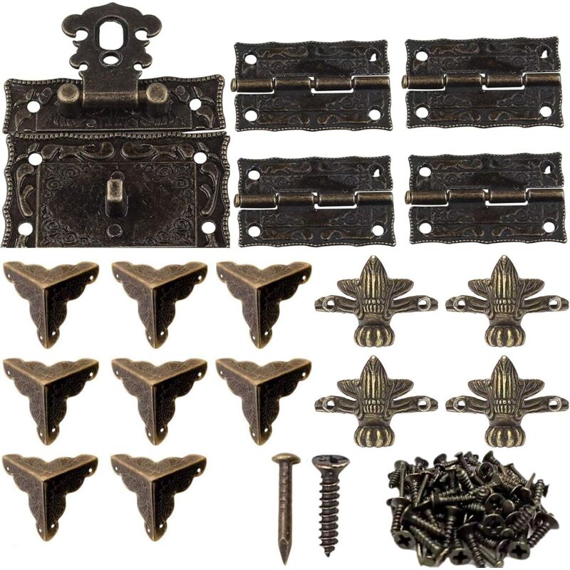 1 Antike Dekorative Schließung Für Schachtel, 8 Dekorative Eckschützer, 4 Metallscharniere, 4 Dekorative Eckfüße Für Schmuckkästchen Aus Holz Und Bronze