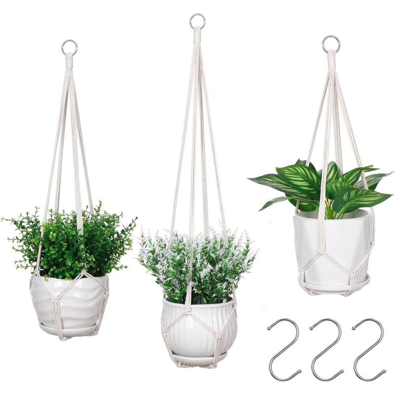Set Aus 3 Handgewebten Hängekörben, Halterung Für Hängende Pflanzgefäße Mit 3 Haken, Innendekoration Im Bohème-stil, Farbe Elfenbein (topf Nicht Enthalten).