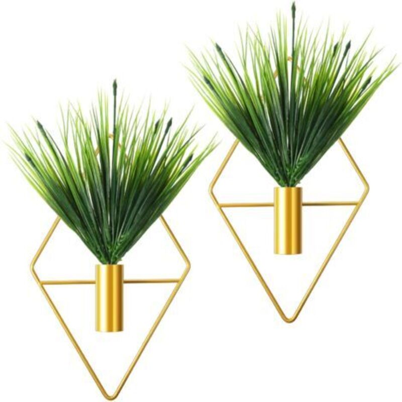 2 Hängende Metallene Pflanzgefäße, Geometrische Wandvase Mit Künstlicher Pflanze, Moderne Hängende Pflanzenhalterung, Geometrischer Hängekorb Zur Dekoration (gold, Wasserpflanze) Npterbl