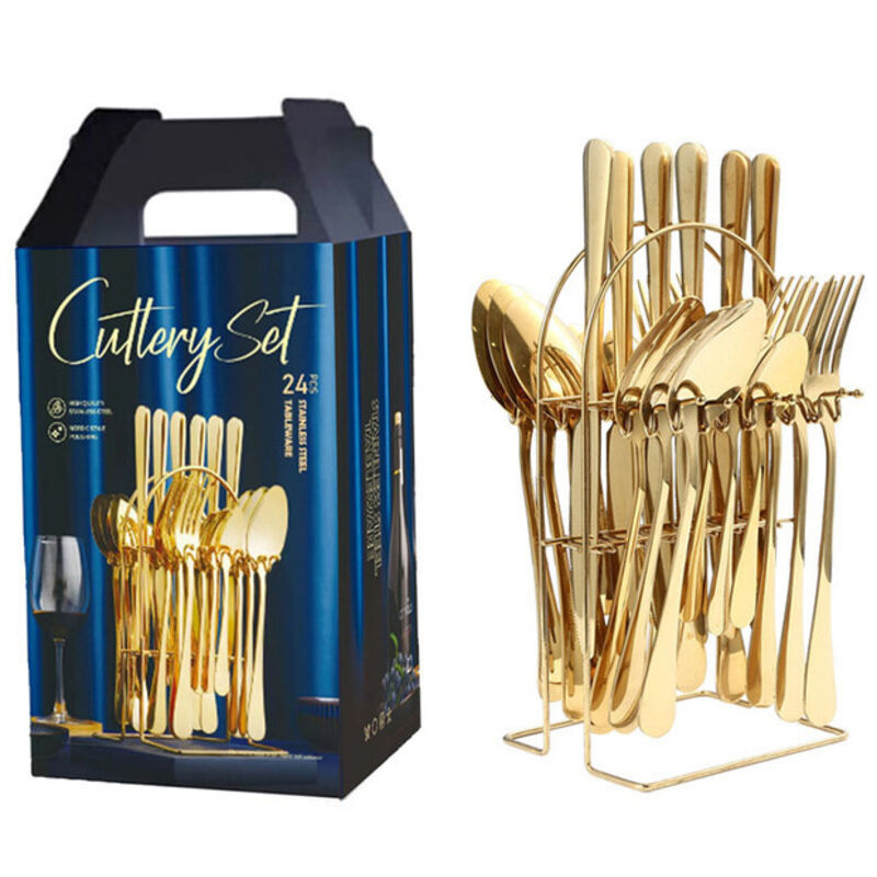 24-teiliges Edelstahl-besteckset, Inklusive Ständer, Spiegelglanzpoliert, Für 6 Personen, Spülmaschinengeeignet, Farbe Gold