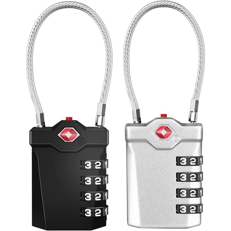 Koffer-tsa-zahlenschloss Mit 4-stelligem Code Und Öffnungsalarm, Reiseschlösser Mit Flexiblem Kabel (2 Stück, Schwarz Und Silber)