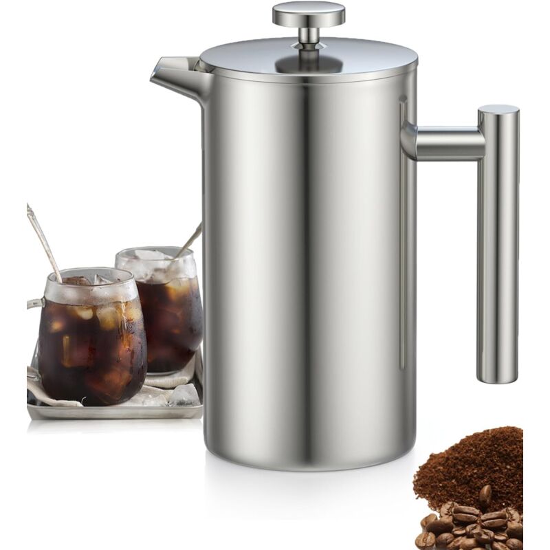 1-liter-french-press-kaffeekanne Aus Edelstahl Mit Dreifachfilter, Warmhaltefunktion Und Edelstahlkolben, Doppelwandige Isolierung, Silberne Oberfläche.