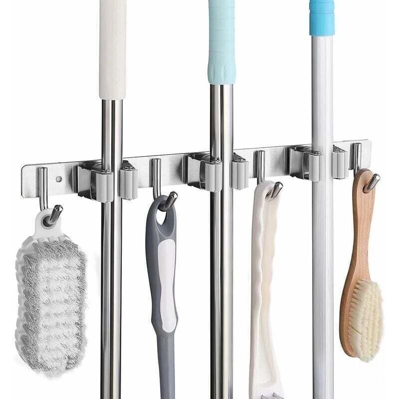 Edelstahl-wandbesenhalter, Wandbesenhalter Mit 3 Fächern Und 4 Haken Für Küche, Badezimmer, Garage Und Garten - Grau
