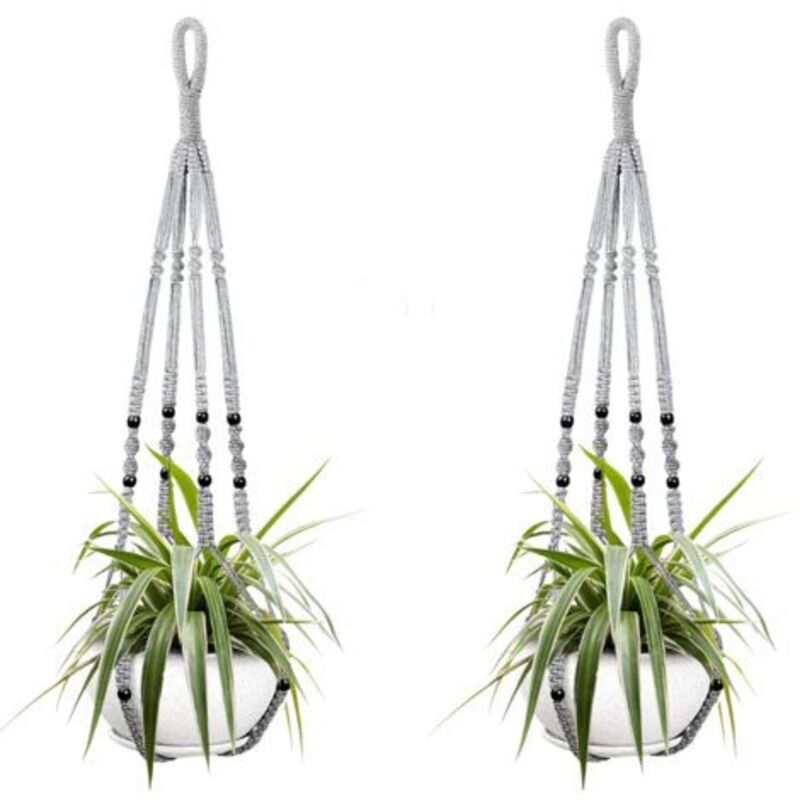 Zwei Hängende Pflanzkörbe Für Zimmerpflanzen, Aus Grauer Baumwollseile, 85 Cm Lang, Mit Holzperlen Verziert. Haken Nicht Enthalten.