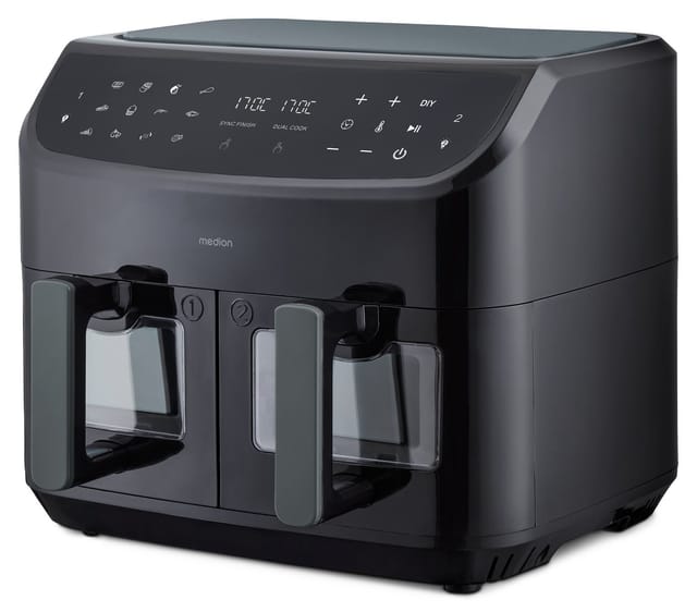 Medion® Heißluftfritteuse MD11760 P20 XXL, 2 separat gesteuerte Garkammern, Touch Display, 2400 W, Temperatur 50 - 200 °C, ILAG Beschichtung, Sync-Finish
