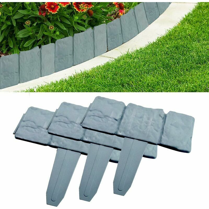 Gartenrand - 10 Stück Gartenränder, Rasenbegrenzungen Aus Kunststoff In Grau, Zierzaun-optik Mit Stein-effekt Für Den Garten