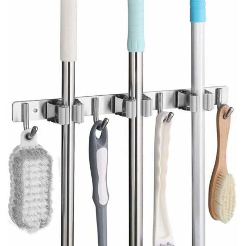 Edelstahl-wandbesenhalter, Wandhalterung Für Besen Mit 3 Fächern Und 4 Haken Für Küche, Badezimmer, Garage Und Garten, Grau