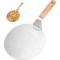 Pelle À Pizza, Pizzaschieber Aus Edelstahl, 10 Zoll Runder Pizzaschieber Mit Holzgriff Und Metallplatte Aus Edelstahl, Idealer Spatel Für Pizza, Brot Und Gebäck, Silberfarben