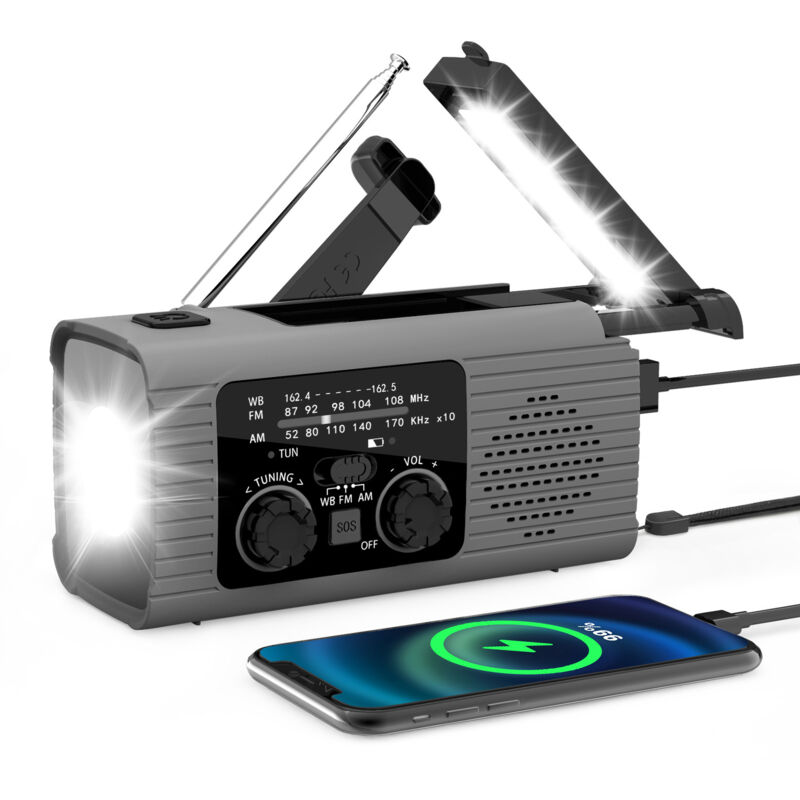 Tragbares Radio – Solares Notfallradio Mit Kurbel – Multifunktional – 2000 Mah Akku – Taschenlampe – Grau – Abs