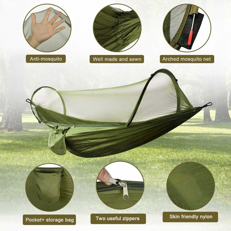 Hängematte Mit Moskitonetz, Tragfähigkeit 300 Kg, Schnelltrocknend, Ultraleicht, Mit 2 Karabinern Und 2 Robusten Gurten Für Outdoor, Camping Und Garten – Olivgrün