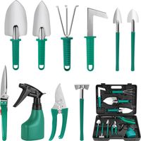 Gartenwerkzeug-set, 10-teilig Aus Edelstahl Mit Aufbewahrungsbox, Handschaufel, Rechen Und Sprühflasche (grün)
