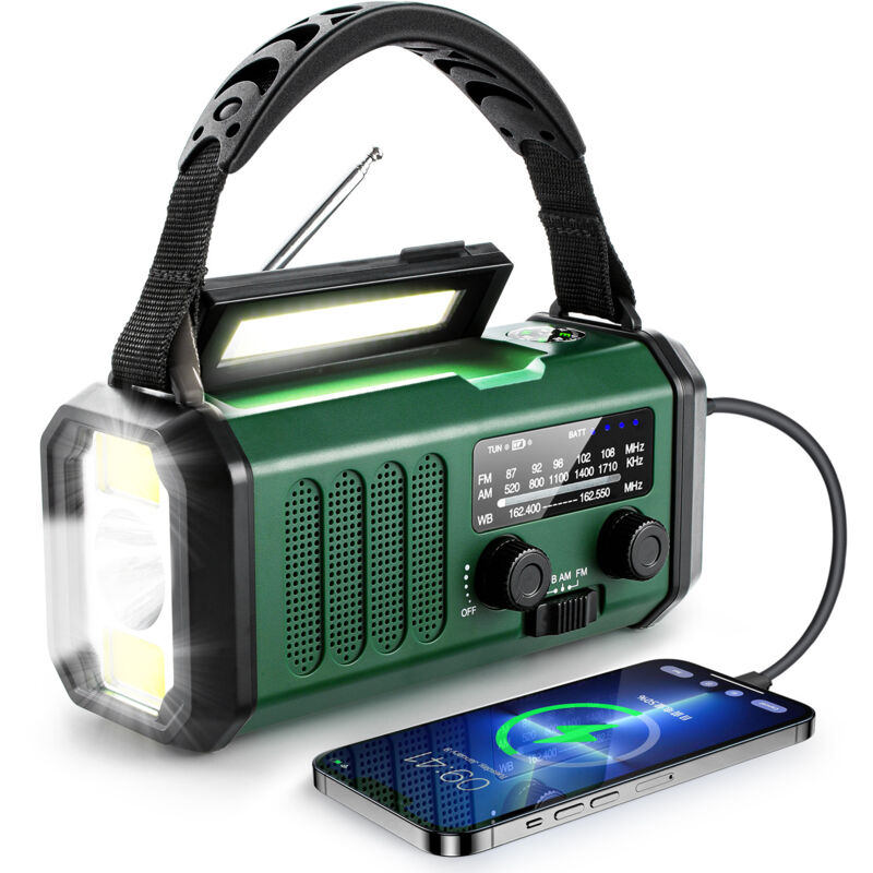 Tragbarer Solargenerator Mit Notfallradio, Multifunktionale Taschenlampe, Powerbank Und Sos-alarm, Militärisches Grün