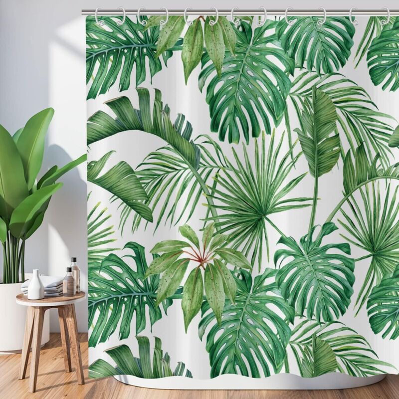 Duschvorhang Mit Tropischen Blättern 180x180 Cm, Duschvorhang Mit Grünen Palmenblättern, Botanische Dschungelpflanze, Wasserdichter Badvorhang, Waschbarer Polyester-badvorhang