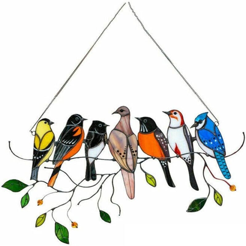 Mehrfarbige Vögel Auf Einem Draht, Hoher Glas-sonneneinfänger Aus Buntem Glas, 7 Kleine Vögel, Reflektierende Fensterdekorationen Für Türen, Garten Und Haus, Frühlingsdeko