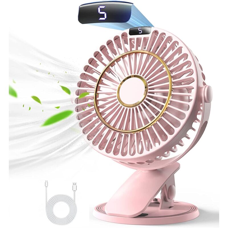 Wiederaufladbarer Tischventilator, Mini-usb-ventilator Mit Lcd-bildschirm, 5 Geschwindigkeiten, 720°-drehung, Tragbarer Ventilator, Leise Für Büro/haus/camping Mit 1,2 M Kabel - Rosa
