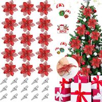 15-teiliges Set Weihnachtsstern Mit Glitter, Künstliche Glitzernde Weihnachtsblumen, Dekorative Blumenornamente Für Weihnachtsbaum Und Kranz, Rot