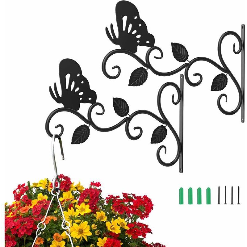 2er-set Aufhängungen Für Hängepflanzen, 12-zoll-wandhaken Aus Metall Für Pflanzen, Rostfreie Und Robuste Schmetterlingsform-pflanzenzubehör, Schwarz