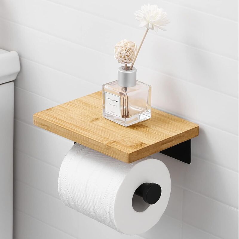 Klebe-toilettenpapierhalter In Schwarz Mit Bambus-rollenhalter, Wandmontierter Toilettenpapierhalter Ohne Bohren